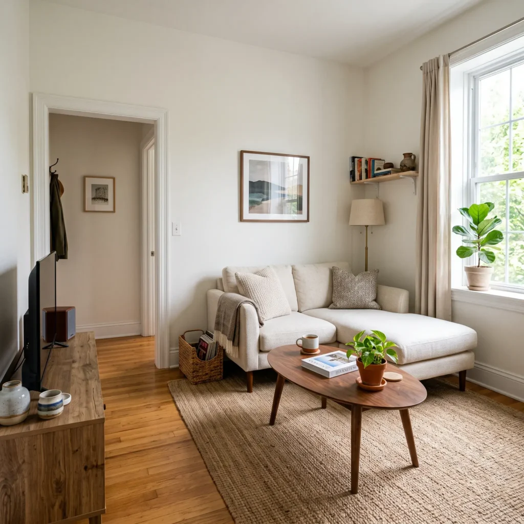 Corner sectional layout in a small square apartment living room showing open entry clearance.