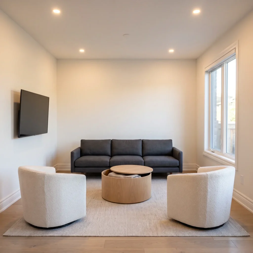 Symmetrical small living room layout with an 80-inch grey couch facing two round ivory swivel chairs around a drum table.