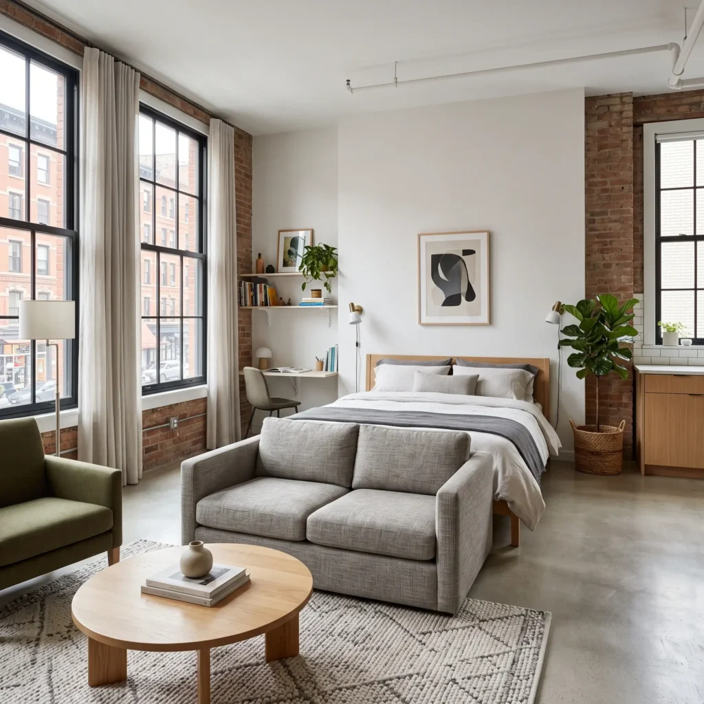 Studio apartment layout featuring a sofa positioned back-to-back against the foot of a queen bed.