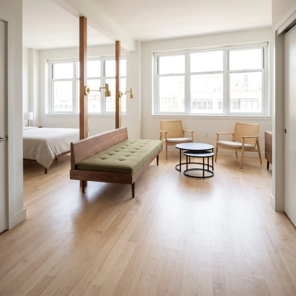 Studio apartment layout using a low backless walnut daybed to divide the sleeping area from the living room without blocking daylight.
