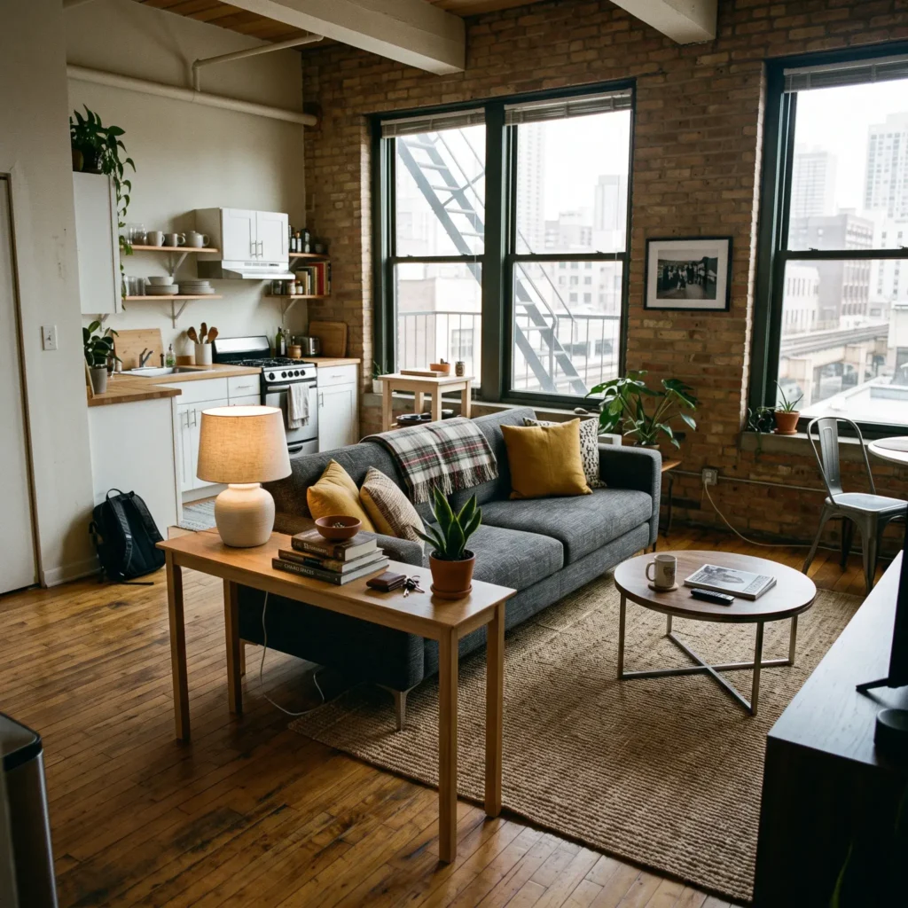 Floating sofa used as a living room divider in an open studio apartment.