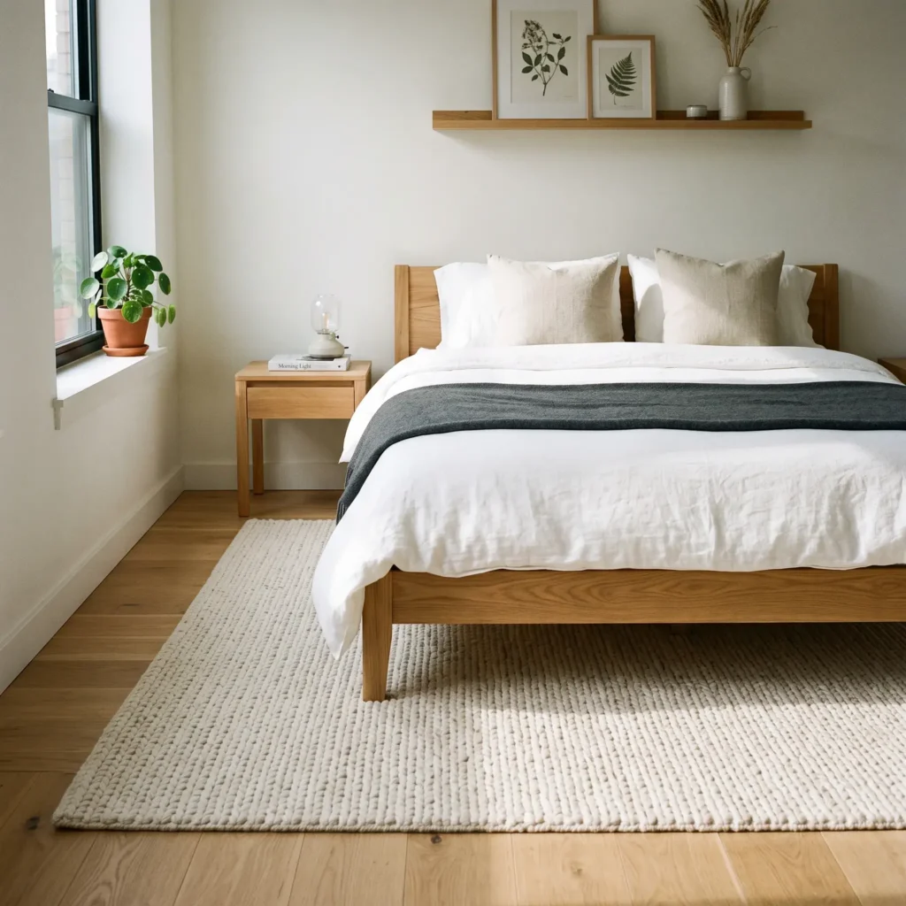 An 8x10 wool flatweave rug placed under the lower two thirds of a queen bed in an urban studio apartment.