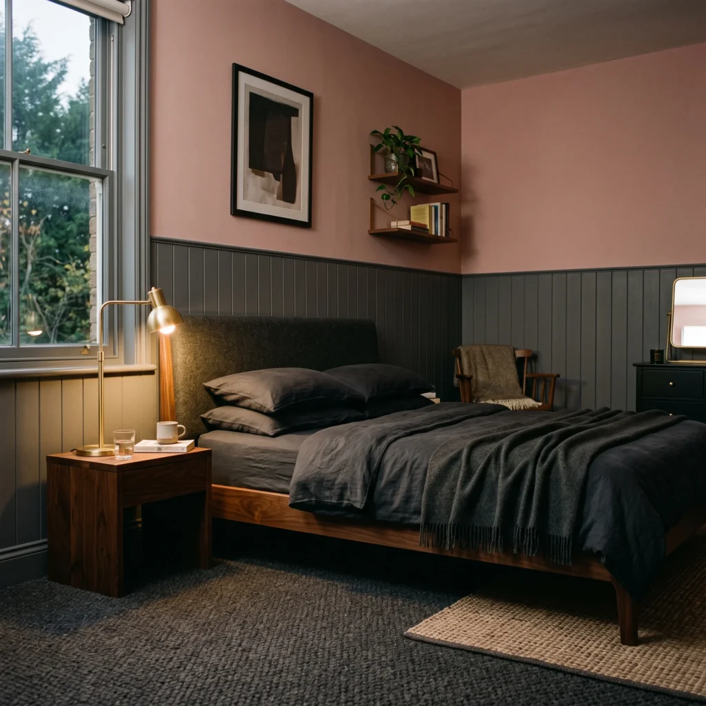Mature pink bedroom with Sulking Room Pink walls, dark charcoal wall paneling, and a walnut bed frame.