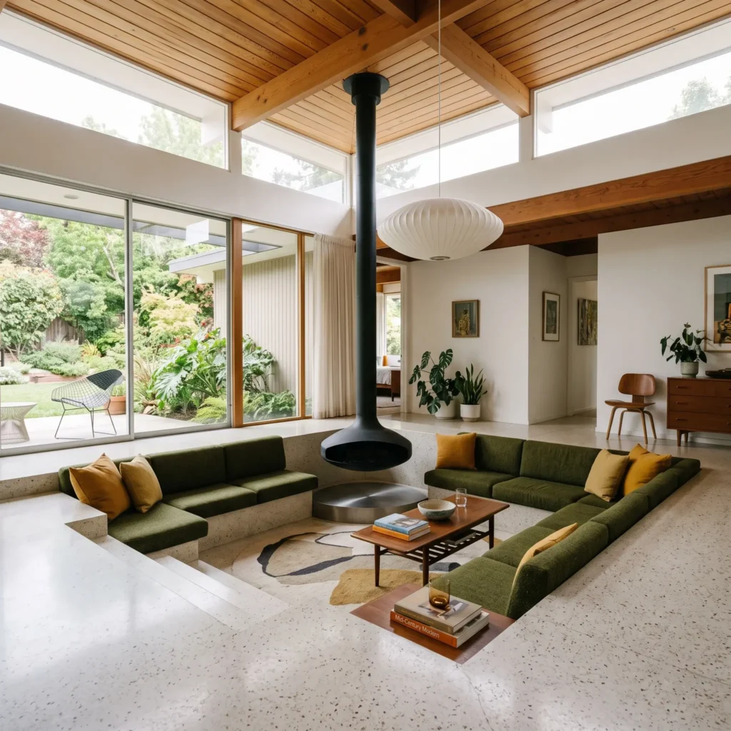 Sunken conversation pit living room with built-in perimeter seating and clerestory windows