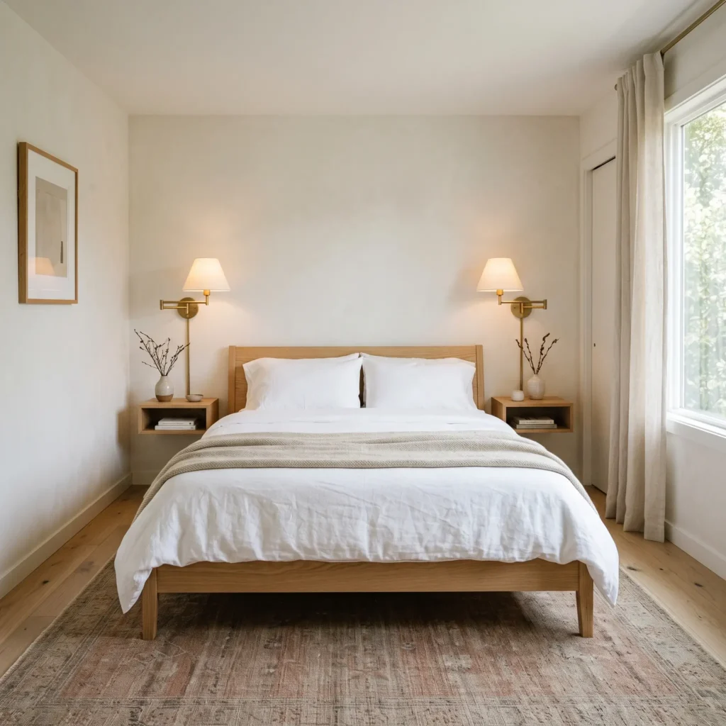 Symmetrical 10x10 small bedroom layout featuring a centered queen platform bed with floating oak nightstands and wall sconces.
