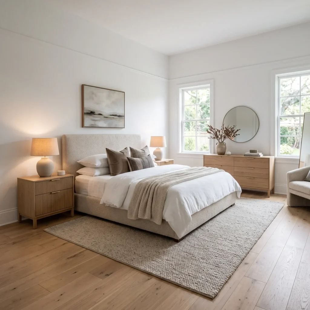Symmetrical 14x16 primary bedroom layout featuring an upholstered king bed between two white oak nightstands on a neutral wool rug.