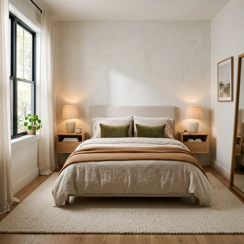 Symmetrical cozy bedroom layout in a 10 by 12 foot room featuring a Queen bed, floating oak nightstands, and soft neutral textiles.