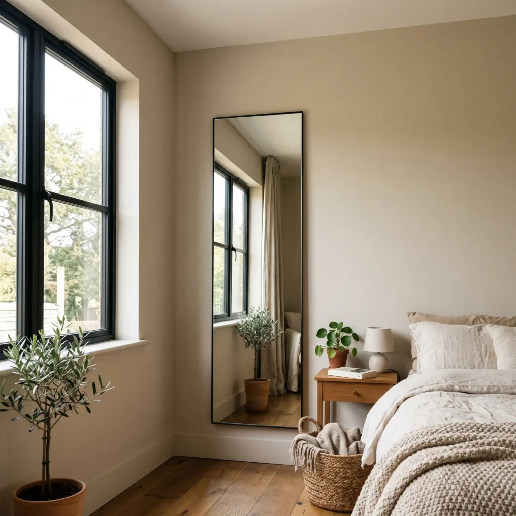 A tall, slim framed mirror reflecting vertical wall height and morning window light.