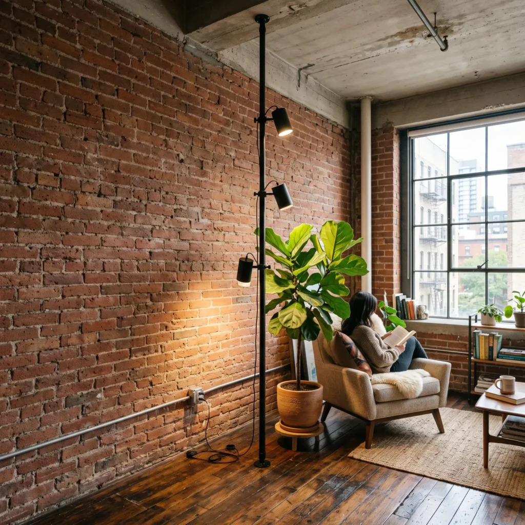 Black floor-to-ceiling tension rod with directional spotlight heads illuminating an apartment corner