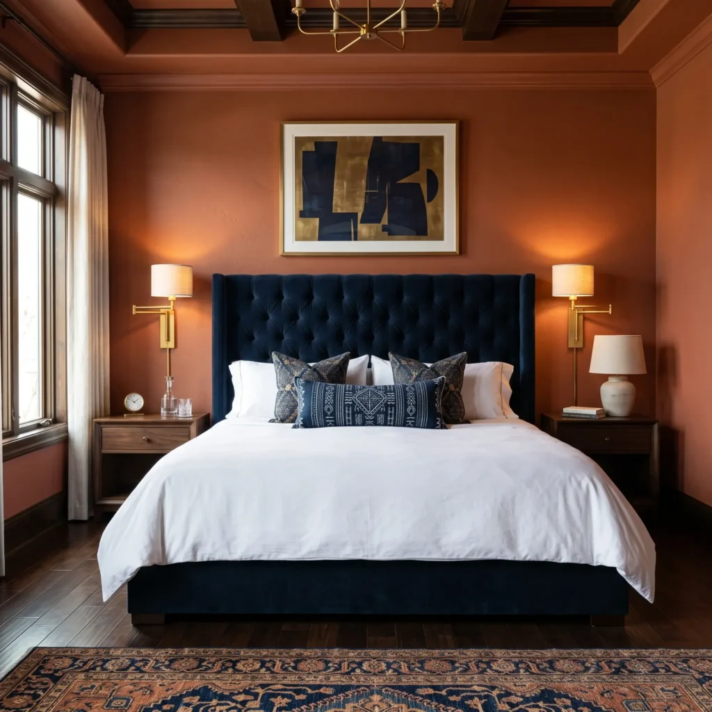 Sophisticated bedroom with rich terracotta walls contrasted against a navy blue upholstered headboard and brass accents.