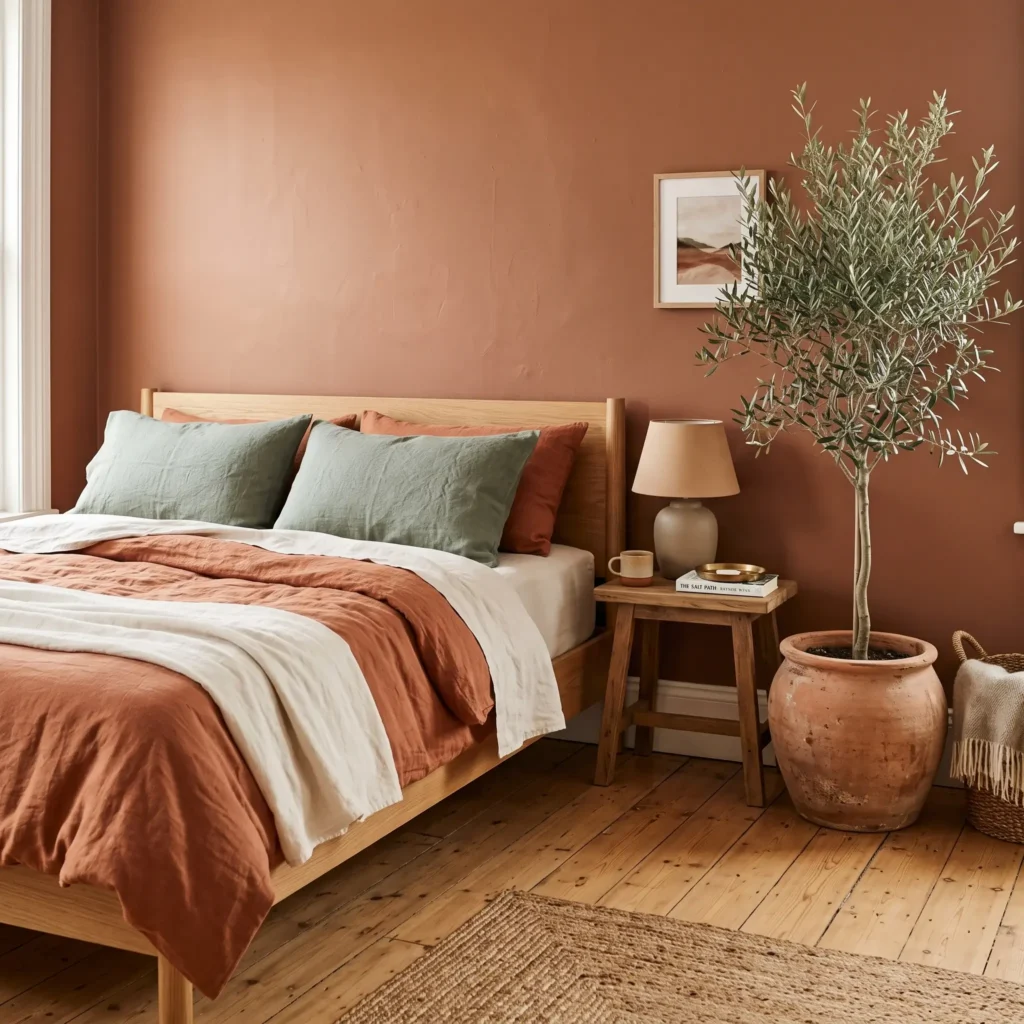 Earthy bedroom combining a muted terracotta wall with sage green linen pillows and a live olive tree.