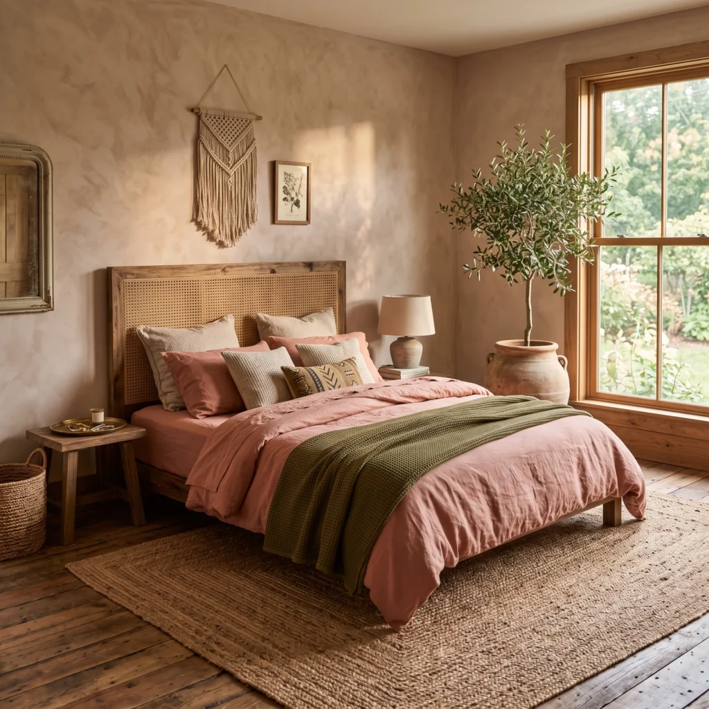 Earthy blush bedroom with textured Roman clay walls, a woven cane headboard, and a natural jute rug.