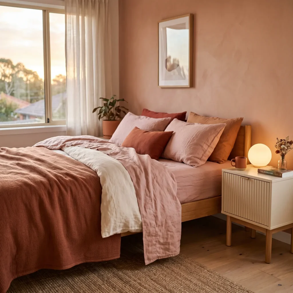 Gentle bedroom palette featuring a soft terracotta painted wall, blush pink linen sheets, and sand-toned curtains.