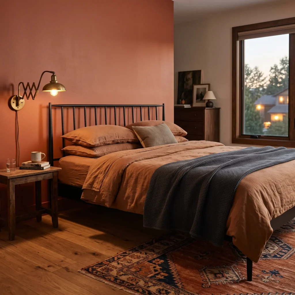 Burnt terracotta bedroom wall paired with a matte black spindle bed and warm cinnamon linen sheets.
