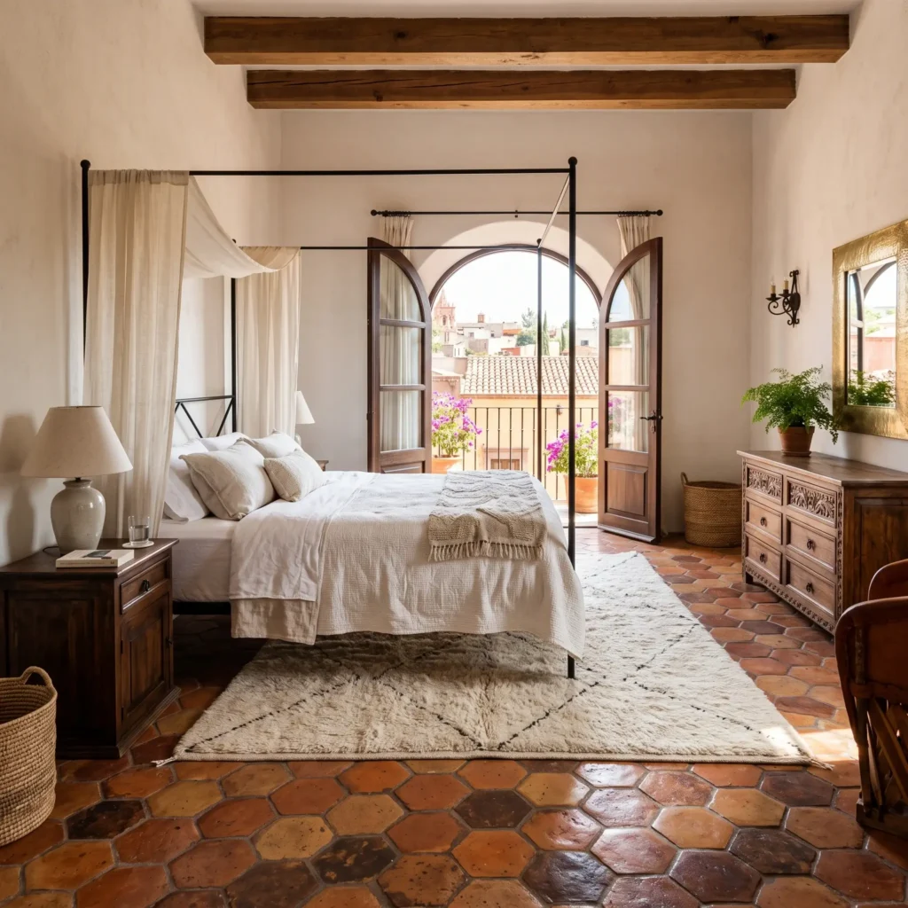 Spanish-style bedroom featuring traditional Saltillo terracotta floor tiles softened by a plush cream Moroccan wool rug.