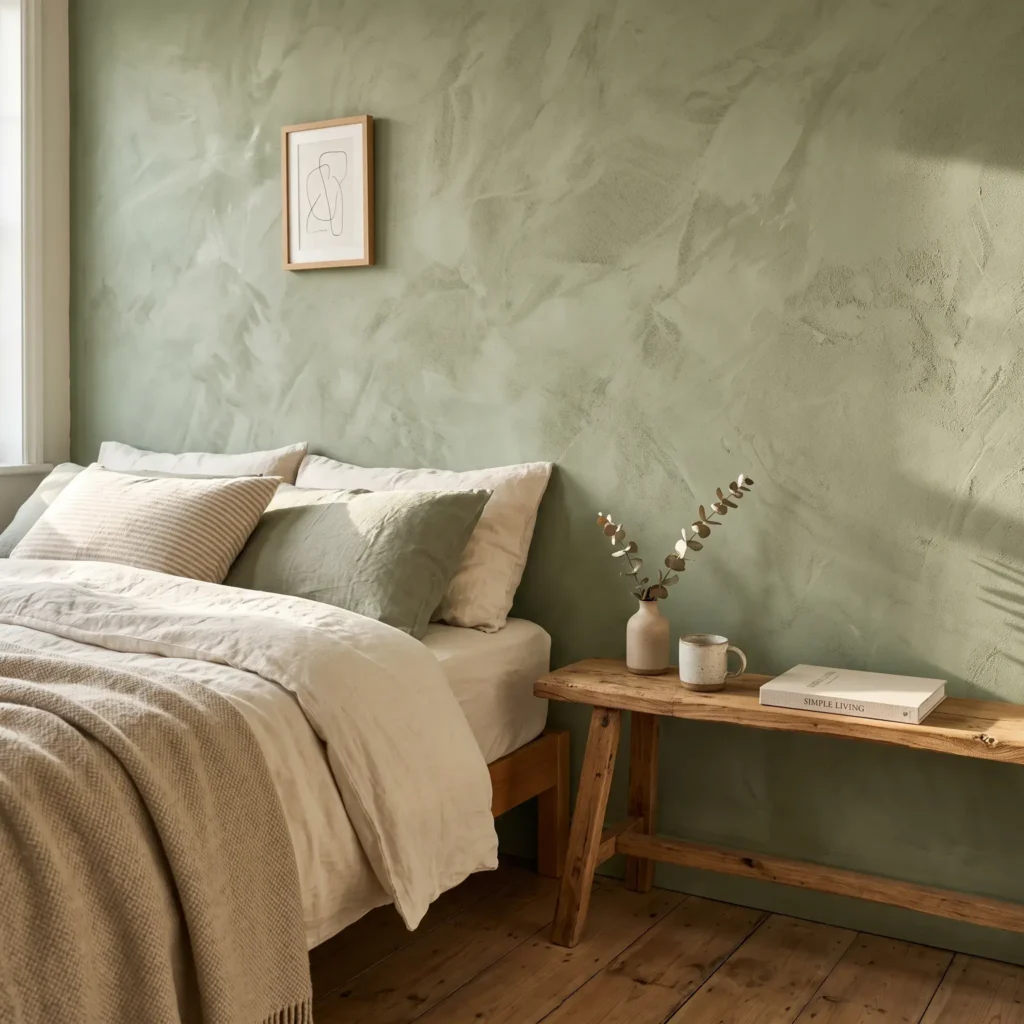Textured sage green limewash accent wall behind a low profile blackened ash bed
