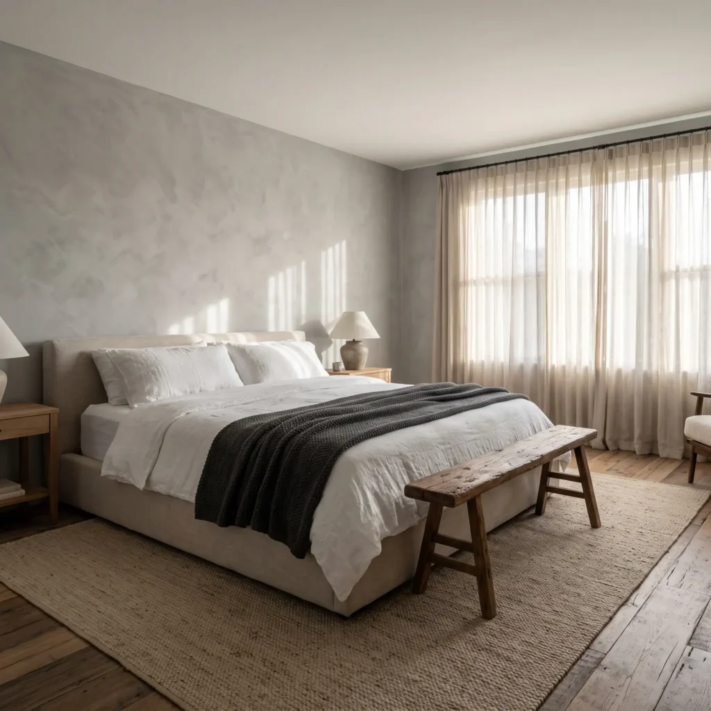 Earthy primary bedroom with textured Bauwerk Dovetail grey limewash walls, natural linen platform bed, and reclaimed elm wood bench.