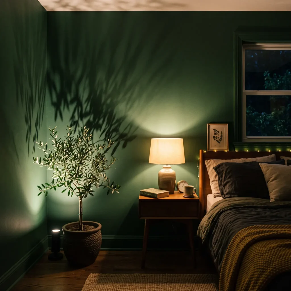 Green bedroom at night featuring uplighting through an indoor plant casting dynamic leaf shadows on the wall.