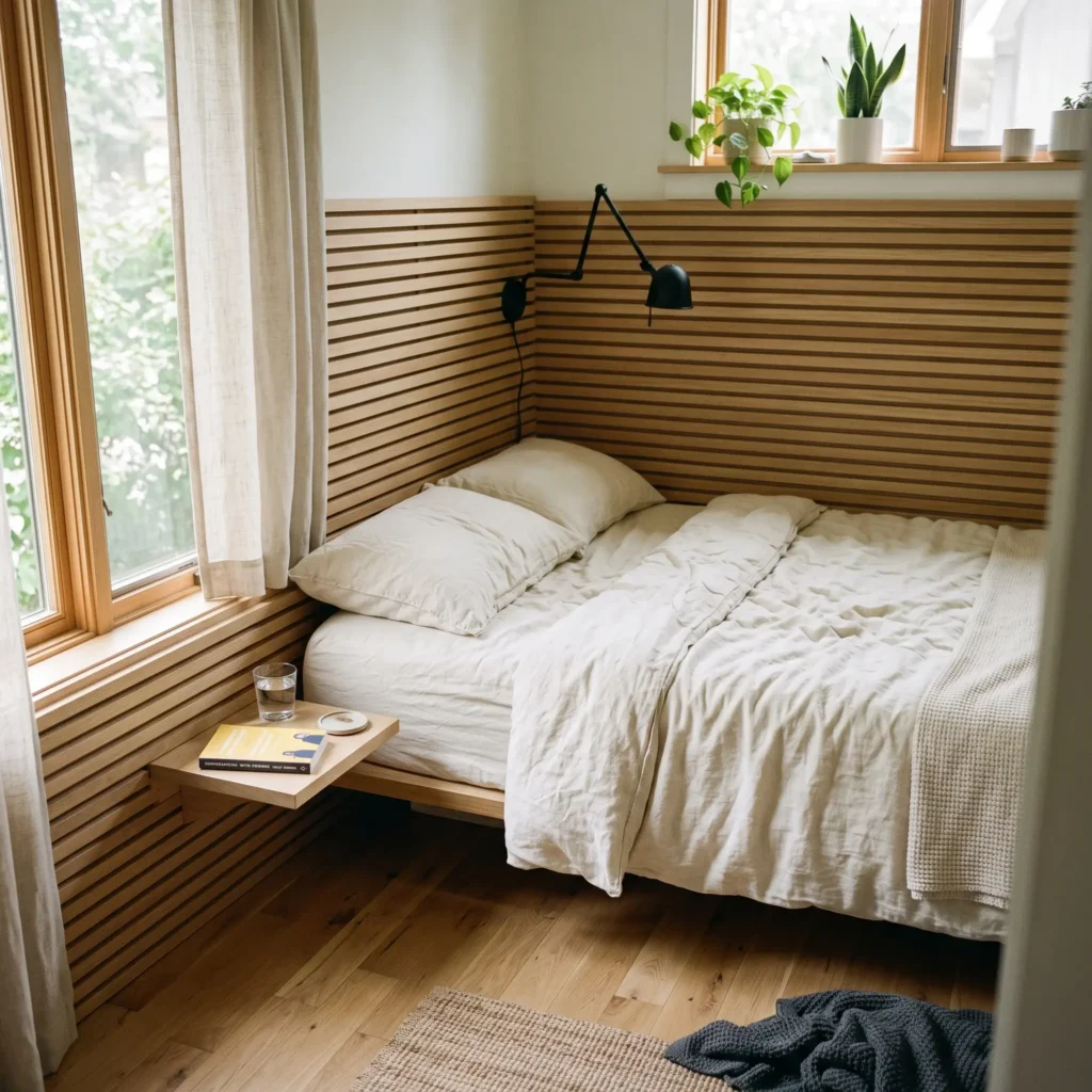 Modern small bedroom with a queen bed tucked into the corner, custom wood slat headboard, and a floating wall shelf.