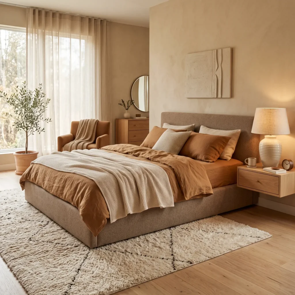 Warm bedroom decorated in tonal caramel, camel, and wheat shades with plush wool rug.