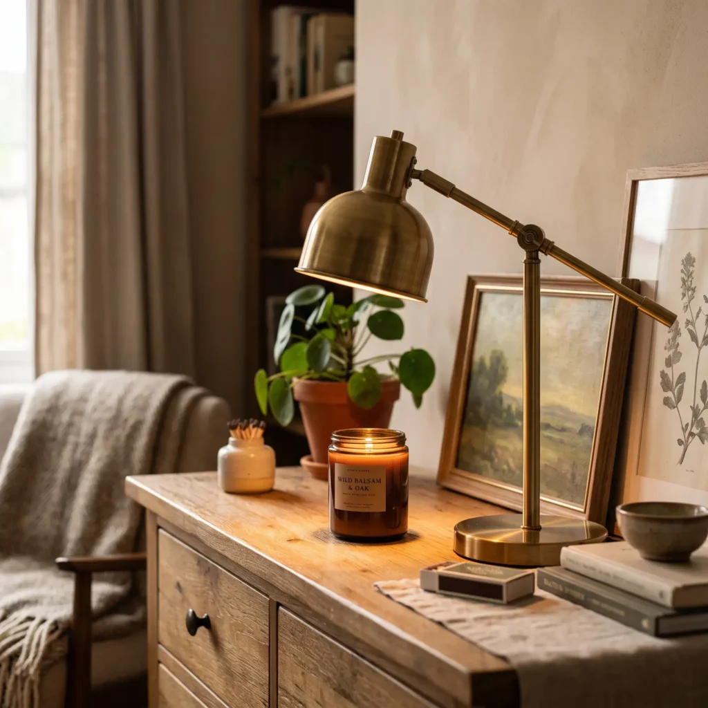 Vintage-inspired brass candle warmer lamp melting a glass jar candle without an open flame on a dresser.