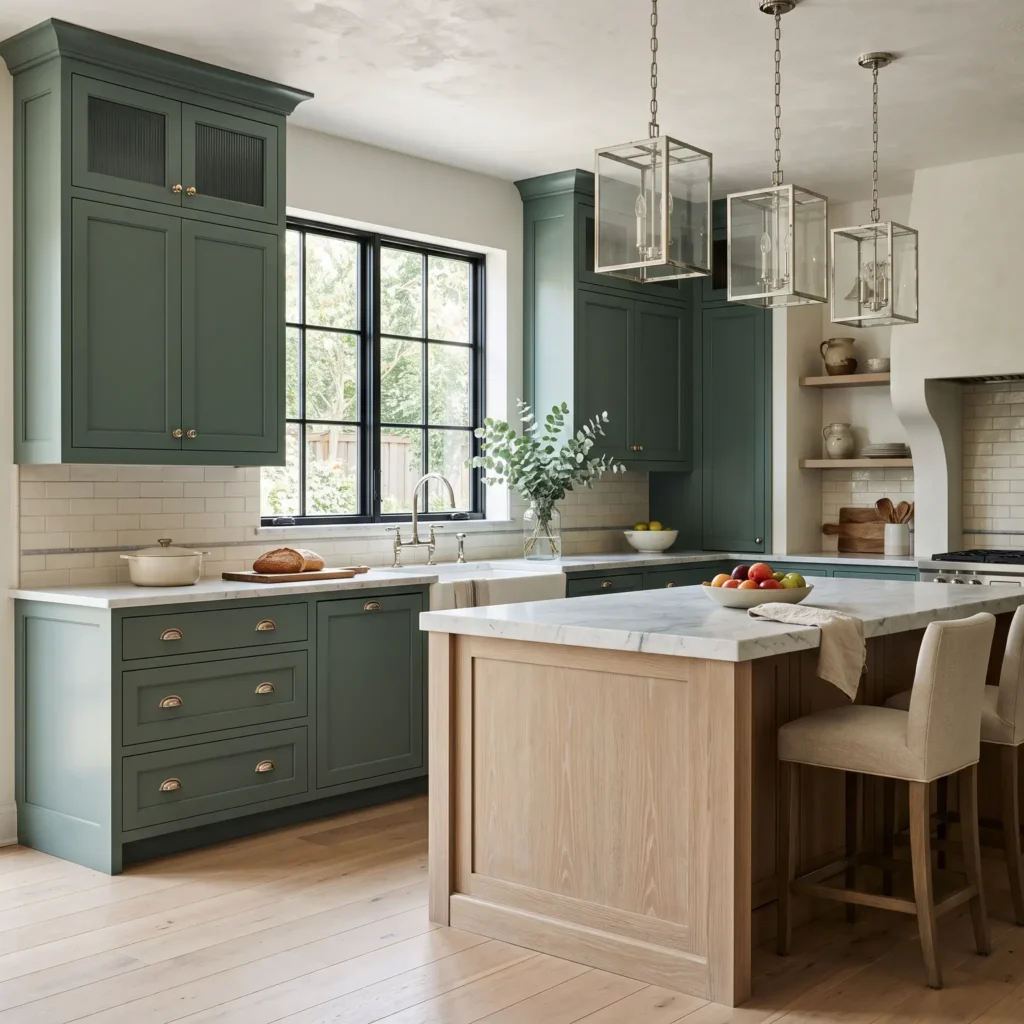 Transitional kitchen with Benjamin Moore Caldwell Green cabinets, honed Carrara marble countertops, and polished nickel hardware.