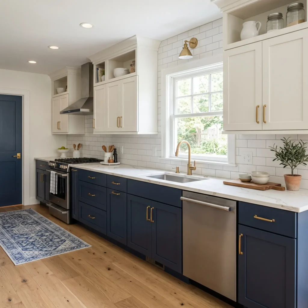 Transitional kitchen with white upper cabinets, navy blue base cabinets, and warm satin brass pulls.