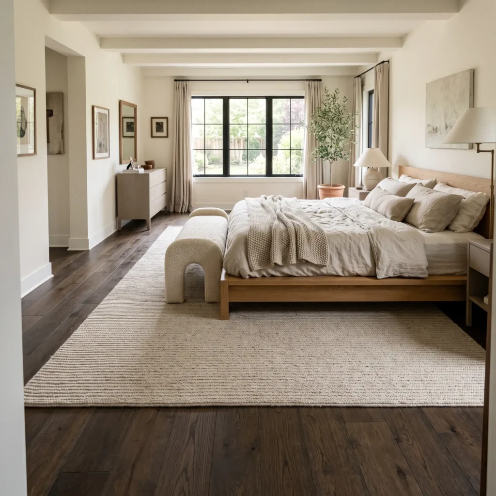 Horizontal ribbed wool area rug laid perpendicular under a bed to widen a narrow room.