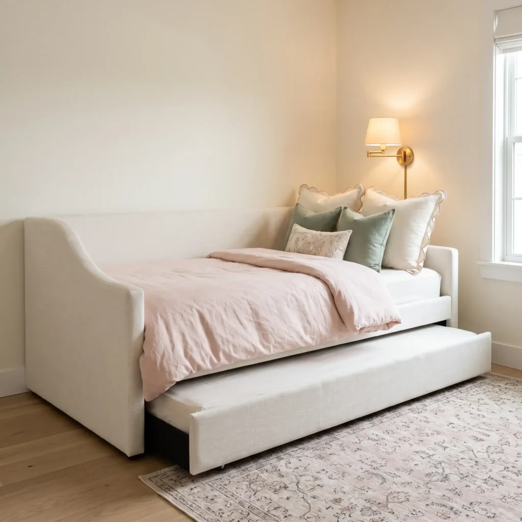 Cream upholstered twin daybed with pull-out trundle, blush floral bedding, and brass swing-arm wall light in a teen bedroom.