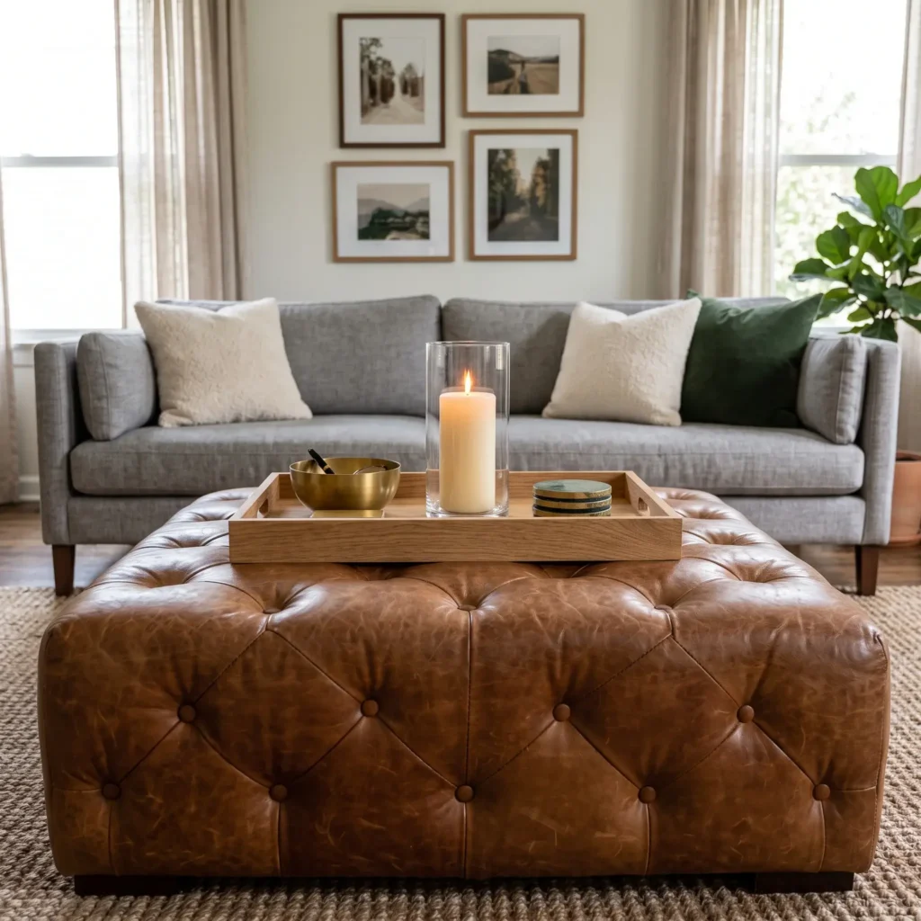 Navy tufted leather ottoman styled with a solid rift-sawn oak tray holding a brass bowl and candle.
