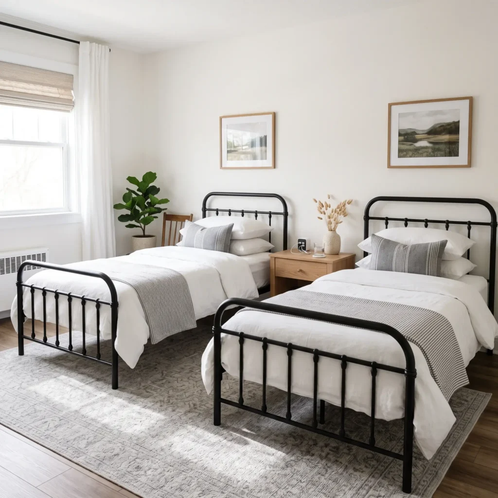 Symmetrical guest room layout featuring two twin beds separated by a shared nightstand.