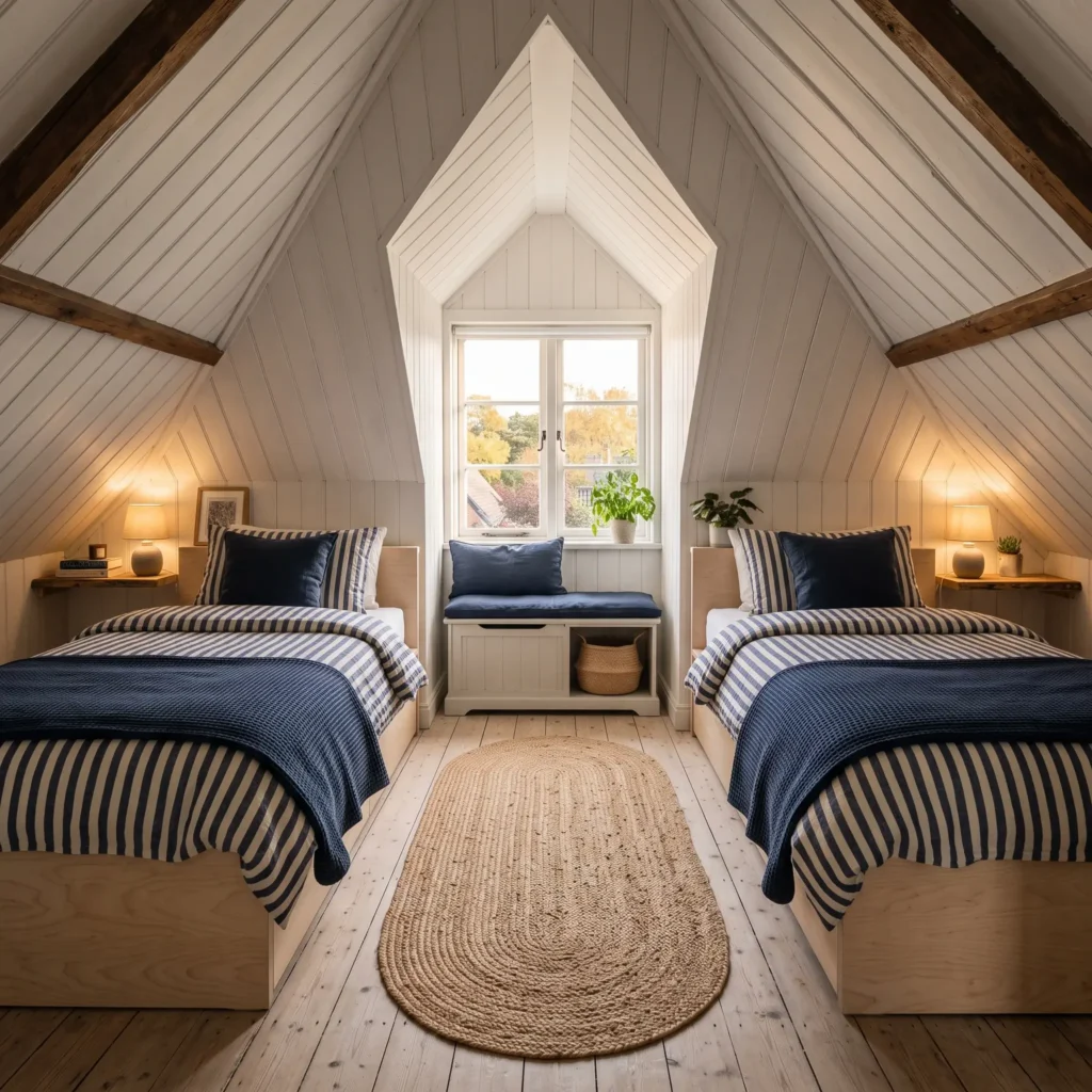 Two twin beds positioned symmetrically under sloped roof eaves with an open central walkway.
