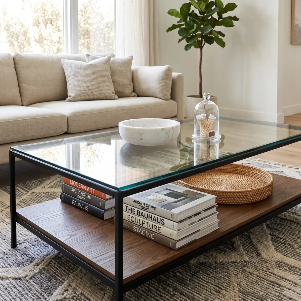 Two-tier coffee table with glass top showing minimal decor on top and organized art books with a basket on the lower shelf.
