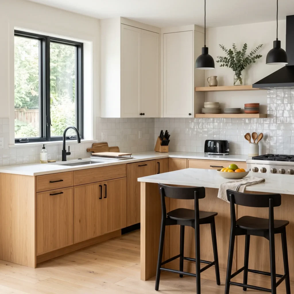 Two-tone kitchen featuring natural white oak lower cabinets and warm white painted upper cabinets.