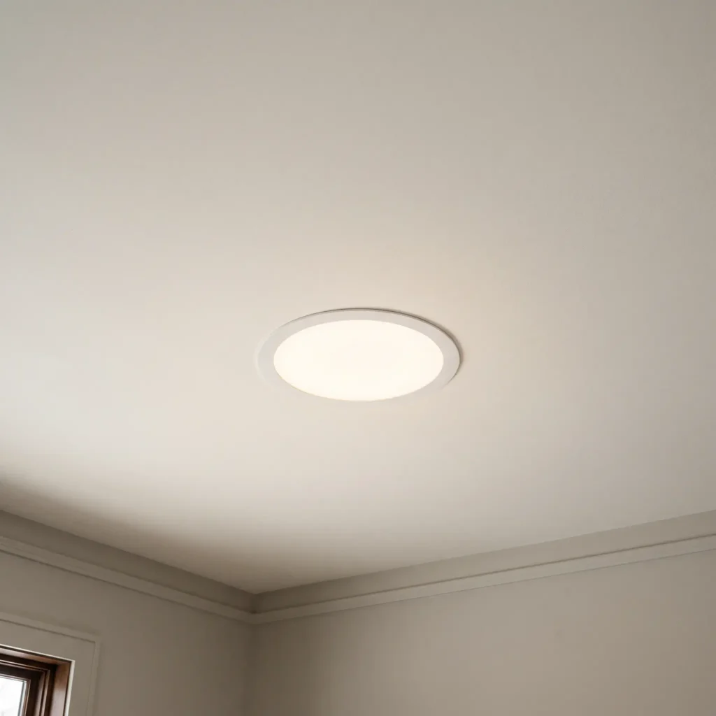 An ultra-thin white LED disc light sitting flush against a flat ceiling.