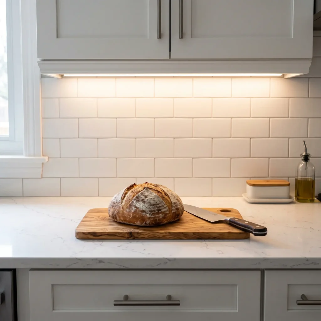 Seamless warm LED strip lighting installed under wooden kitchen cabinets illuminating a butcher block counter