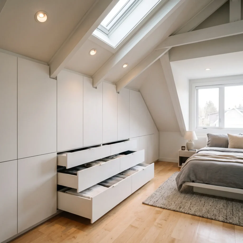 Custom built-in white attic wardrobe and pull-out drawers built to fit the angled roof pitch seamlessly.