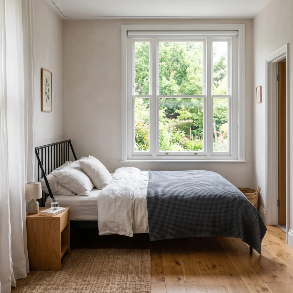 Low-profile spindle platform bed centered under a large double-hung bedroom window with a proper air gap.