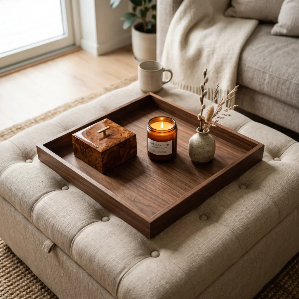Tufted cream fabric ottoman topped with a dark wood tray holding a burl box, candle, and small flower vase.
