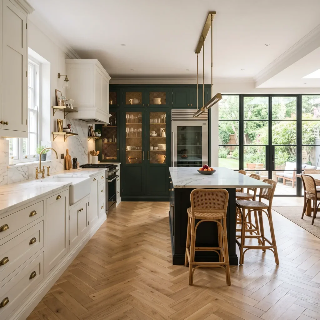 Kitchen featuring warm white perimeter cabinets beside a tall built-in pantry painted in dark forest green.