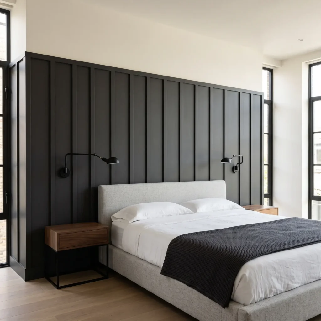 Contemporary bedroom with three-quarter height vertical board-and-batten millwork painted in Sherwin-Williams Iron Ore charcoal grey behind pale grey upholstered bed.