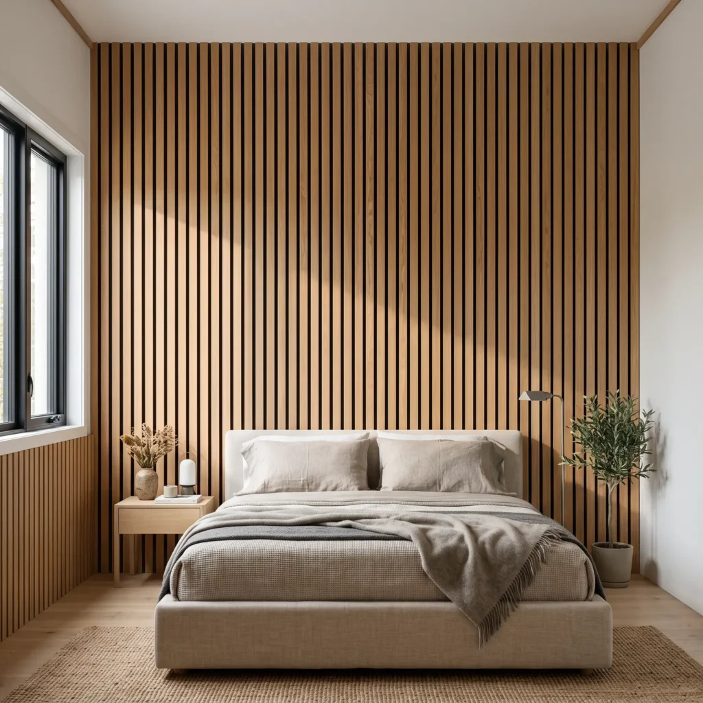 Thin natural oak vertical slat panels running from baseboard to ceiling behind a platform bed.