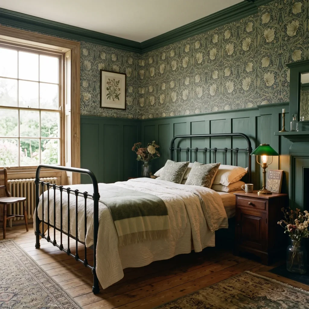 Victorian revival bedroom with dark green wainscoting, botanical foliage wallpaper, and an antique black metal bed.