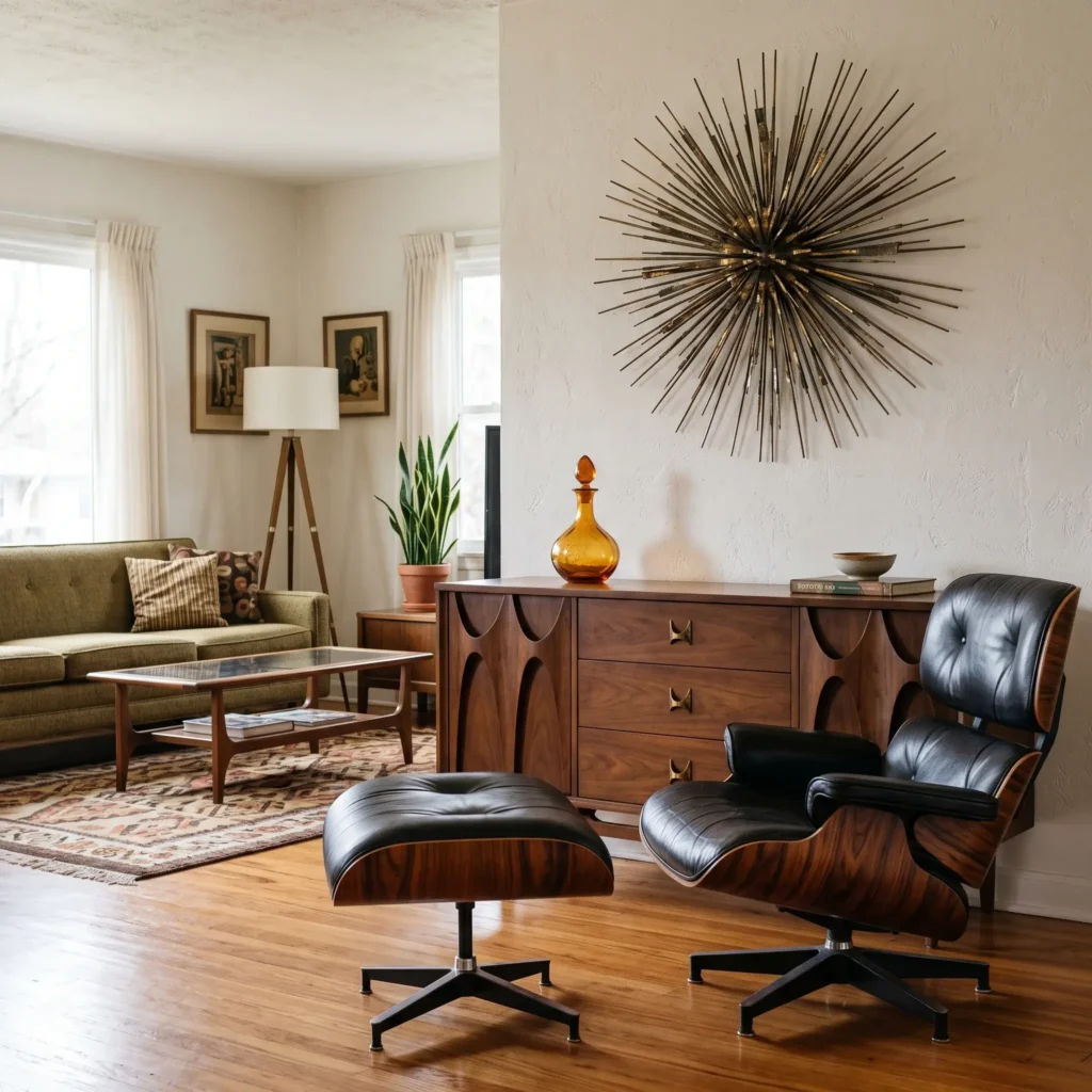 Curated mid-century living room featuring Broyhill credenza and Curtis Jere wall art