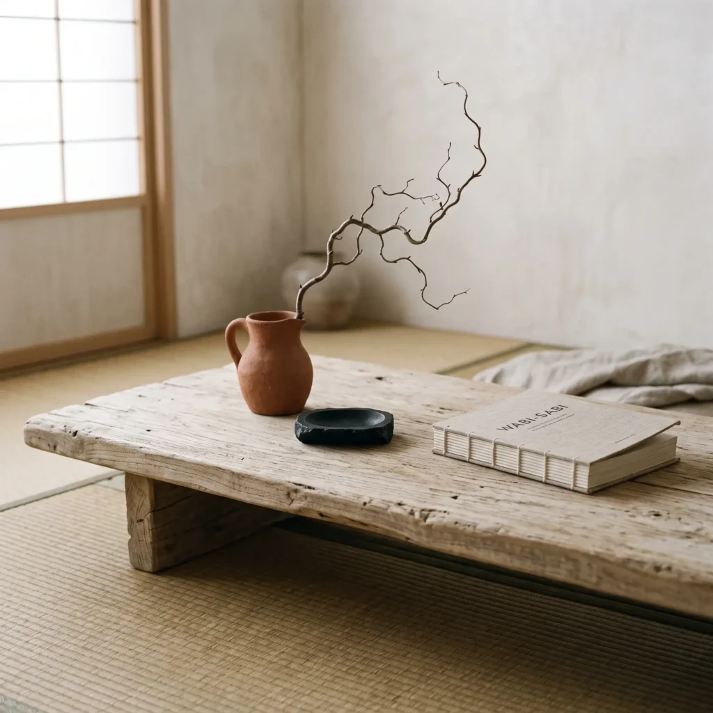 Low rustic wood coffee table styled in a minimalist wabi-sabi aesthetic with a single branch in an artisan ceramic jug.
