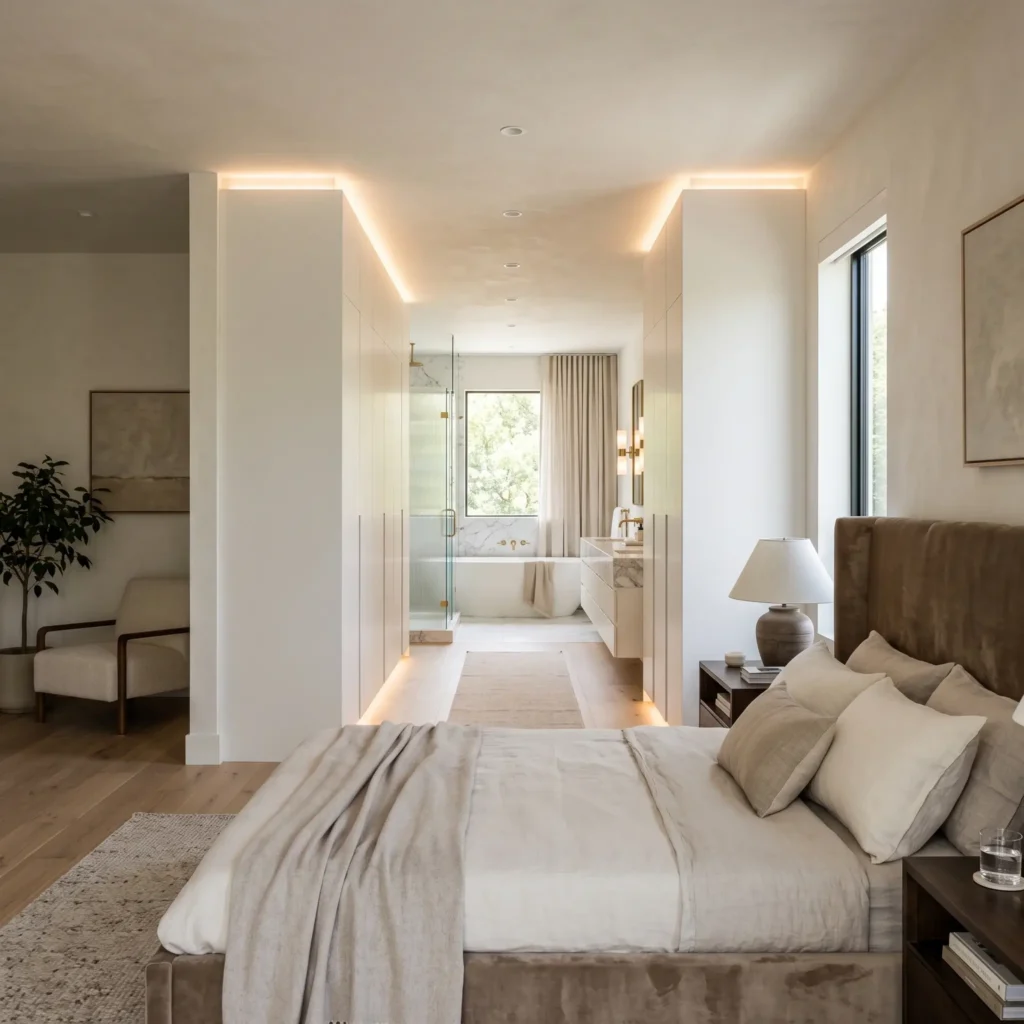 Primary bedroom suite featuring a transition hallway with built-in wardrobes acting as a sound barrier to the en-suite bath.