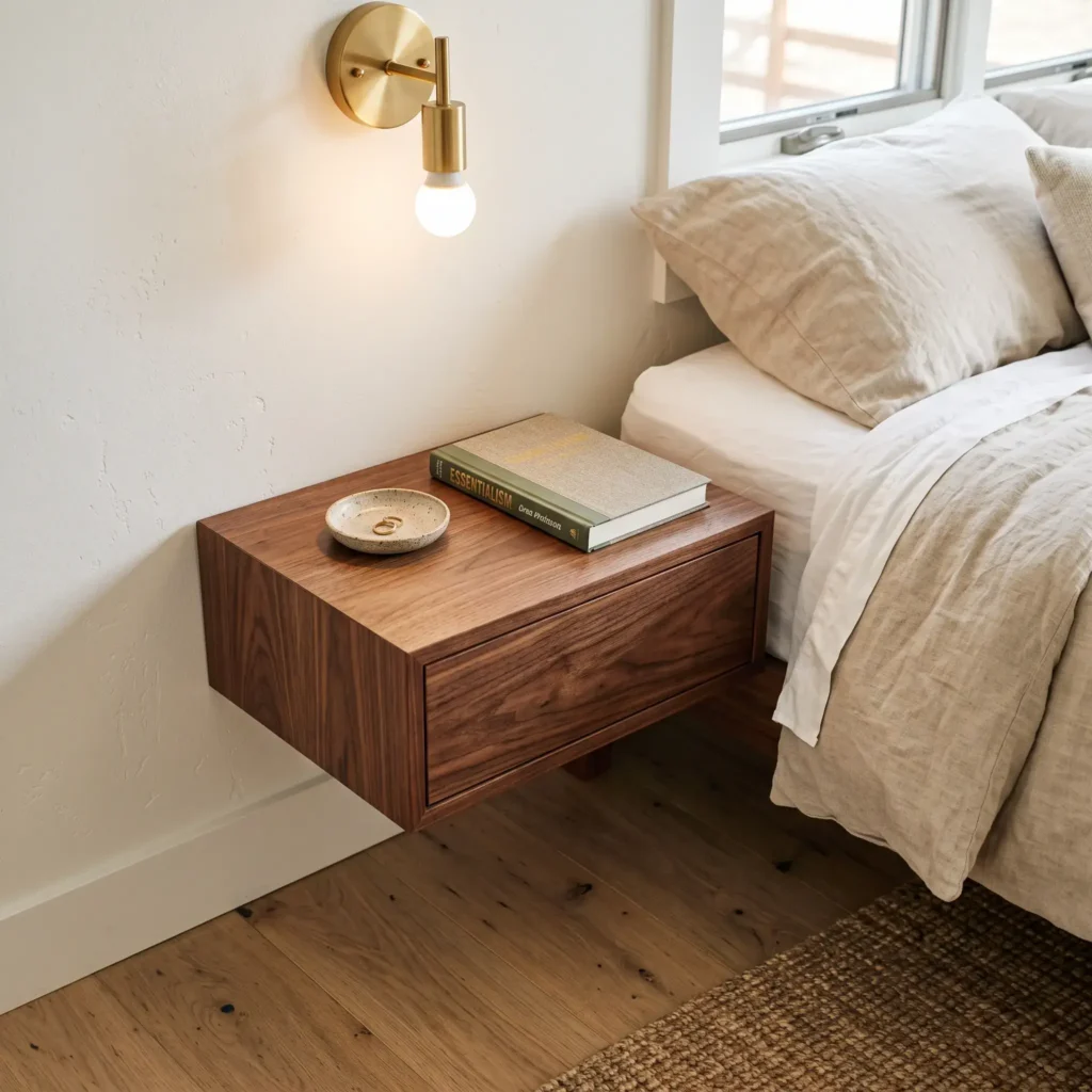 A walnut floating nightstand mounted level with a low mattress, showing open floor below.