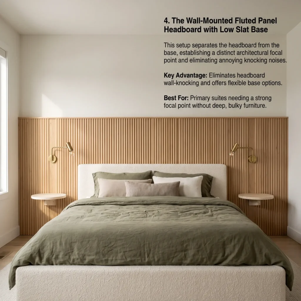 Wide fluted oak wall panel headboard with attached floating nightstands and low platform bed.