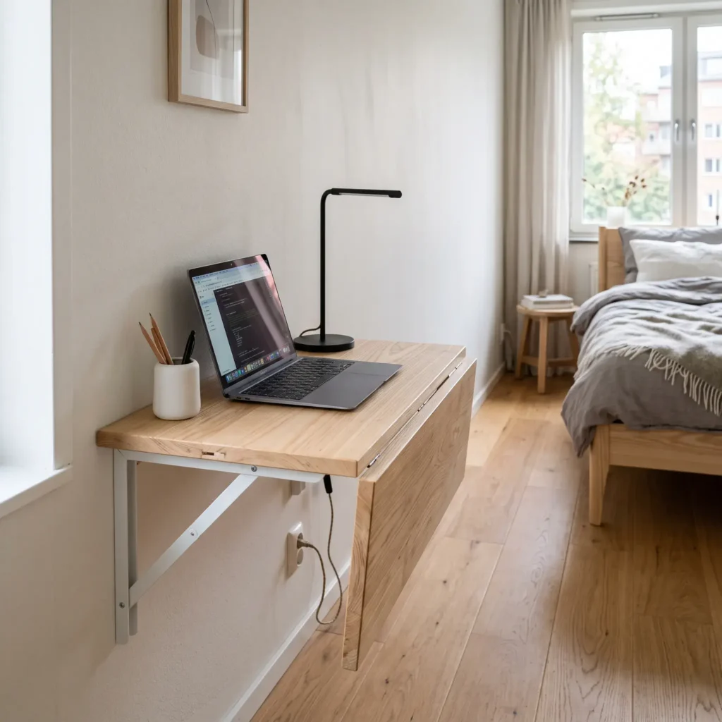 Solid ash wood wall-mounted drop-leaf desk folded open in a compact bedroom workspace.