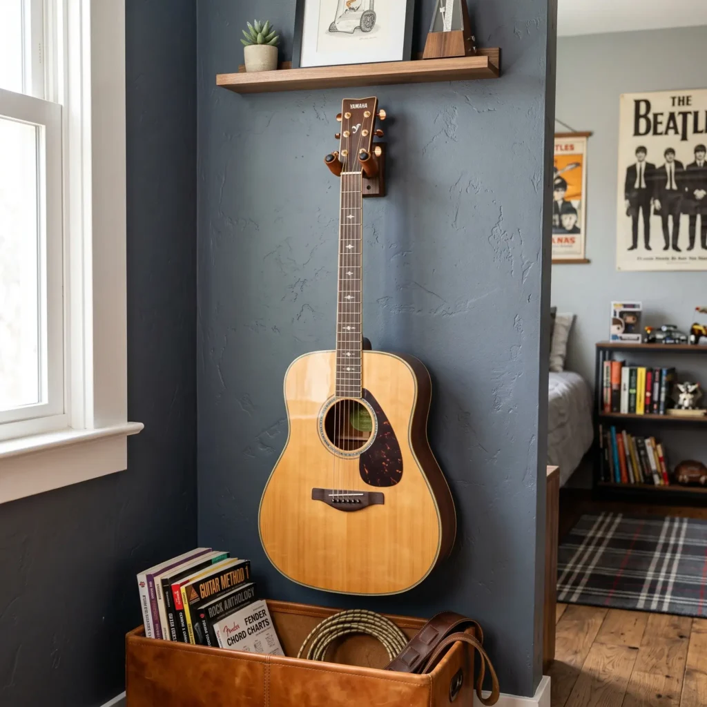 Acoustic guitar hung securely on a solid walnut and leather wall mount in a boy's room.